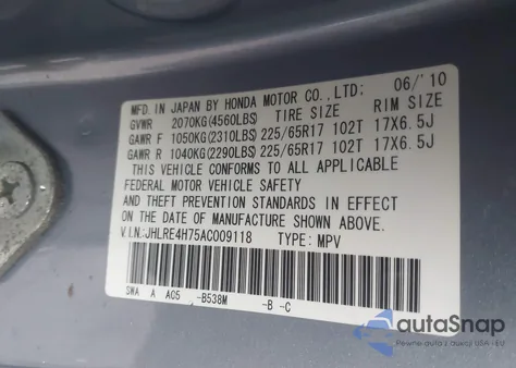 2010 Honda Cr-V Ex-L z USA, uszkodzony, nr VIN JHLRE4H75AC009118